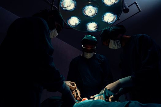 Surgical team performing surgery to patient in sterile operating room. In a surgery room lit by a lamp, a professional and confident surgical team provides medical care to an unconscious patient.