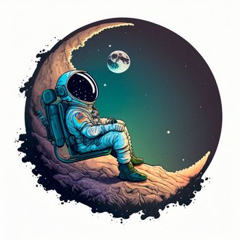 Cartoon image of an astronaut sitting on a moon. High quality illustration