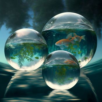 Transparent water spheres against a stunning backdrop of mountains and water. Reflection of the landscape and elements inside the spheres. High quality illustration
