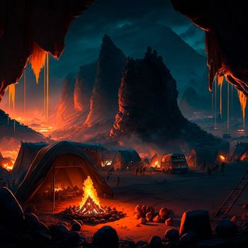 Tent city in the mountains near the volcano. Bonfire in the mountains. Lava world collection. High quality illustration