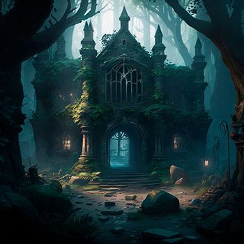 mysterious ruins in the forest. High quality illustration
