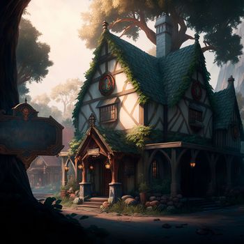 Cozy fairytale town in fantasy style. High quality illustration