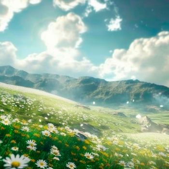 Chamomile field in the mountains. High quality illustration