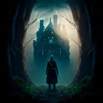 A man walks to the ruins of an ancient castle. High quality illustration