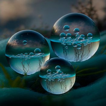 Transparent water spheres against a stunning backdrop of mountains and water. Reflection of the landscape and elements inside the spheres. High quality illustration