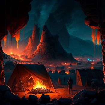 Tent city in the mountains near the volcano. Bonfire in the mountains. Lava world collection. High quality illustration