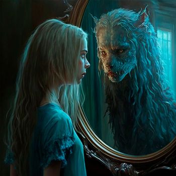 he girl sees a monster in the mirror instead of her reflection. High quality illustration