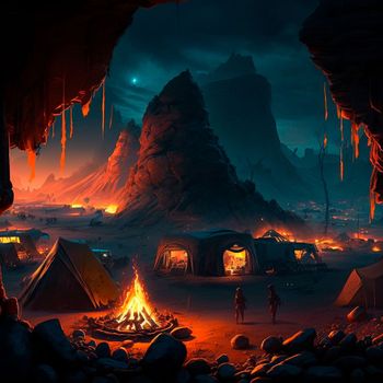 Tent city in the mountains near the volcano. Bonfire in the mountains. Lava world collection. High quality illustration