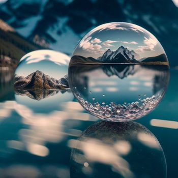 Transparent water spheres against a stunning backdrop of mountains and water. Reflection of the landscape and elements inside the spheres. High quality illustration