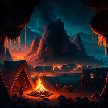 Tent city in the mountains near the volcano. Bonfire in the mountains. Lava world collection. High quality illustration
