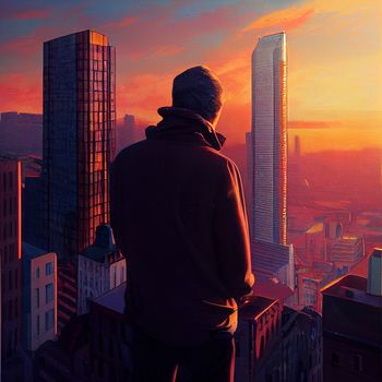 a man on top of skyscrapers looking at the city in the sunset rays. High quality illustration