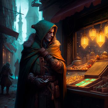 A mysterious man in a medieval market in the style of fantasy. High quality illustration