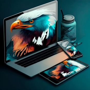 The eagle breaks out of the phone, tablet, laptop. Design, graphics.Image on tablet and phone side by side, graphics, graphic design. High quality illustration