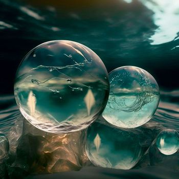 Transparent water spheres against a stunning backdrop of mountains and water. Reflection of the landscape and elements inside the spheres. High quality illustration