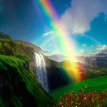 summer landscape with rainbow and waterfall. High quality illustration