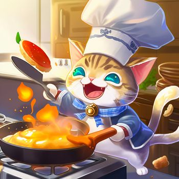 Cartoon image of a cook's cat in a chef's hat, who cooks something in the kitchen, cartoon. High quality illustration