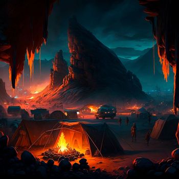 Tent city in the mountains near the volcano. Bonfire in the mountains. Lava world collection. High quality illustration