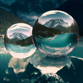 Transparent water spheres against a stunning backdrop of mountains and water. Reflection of the landscape and elements inside the spheres. High quality illustration
