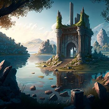 Mystical mysterious ruins on the lake islands. High quality illustration