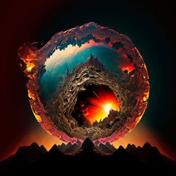 Red mountains, flashes and cracks on the surface. Gloomy sky. Magma and lava spread over the mountains. Lava world collection. High quality illustration