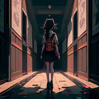 A girl in a gloomy corridor. High quality illustration