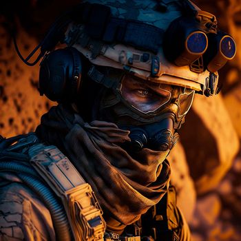 soldier in a helmet and combat goggles during an operation in the desert. High quality illustration