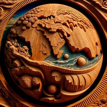 Planet Earth with reservoirs and continents carved out of wood. High quality illustration