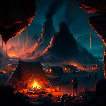 Tent city in the mountains near the volcano. Bonfire in the mountains. Lava world collection. High quality illustration