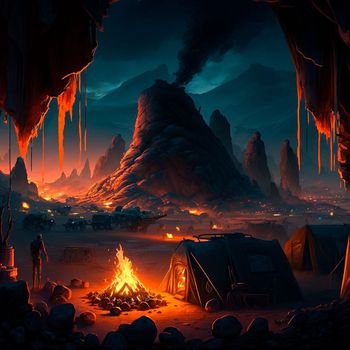 Tent city in the mountains near the volcano. Bonfire in the mountains. Lava world collection. High quality illustration