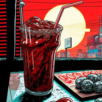 An image of a glass of cola on the table in an old diner. Comic style. High quality illustration