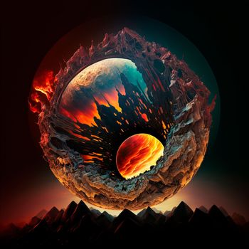 Red mountains, flashes and cracks on the surface. Gloomy sky. Magma and lava spread over the mountains. Lava world collection. High quality illustration