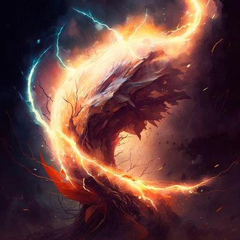 Abstract image of the energy of fire and lightning, which mix into something unified. High quality illustration