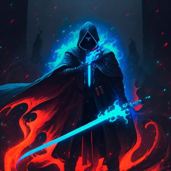 Mysterious black knight with a flaming sword in anime style. High quality illustration