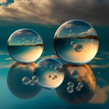 Transparent water spheres against a stunning backdrop of mountains and water. Reflection of the landscape and elements inside the spheres. High quality illustration