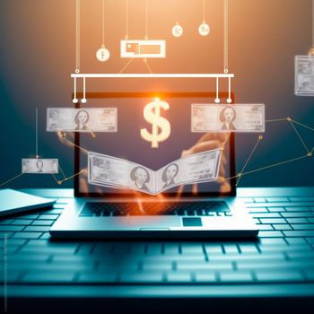 laptop on the table, monitor in the air, graphics of dollars in the air in front of the laptop ,business. High quality illustration