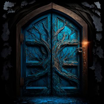 Mysterious wooden door with patterns. High quality illustration