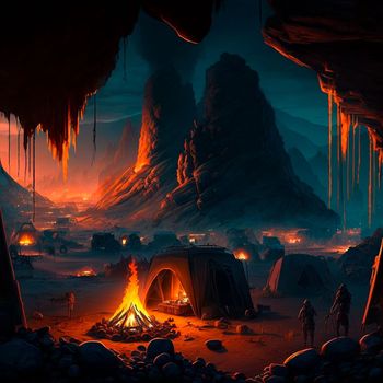 Tent city in the mountains near the volcano. Bonfire in the mountains. Lava world collection. High quality illustration