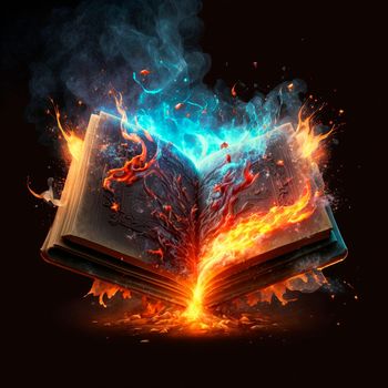 A magical book engulfed in flames and lightning. High quality illustration