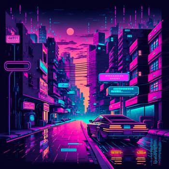 Cartoon image of a cyberpunk street. High quality illustration