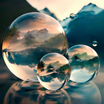 Transparent water spheres against a stunning backdrop of mountains and water. Reflection of the landscape and elements inside the spheres. High quality illustration