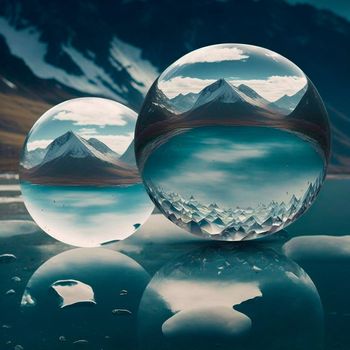 Transparent water spheres against a stunning backdrop of mountains and water. Reflection of the landscape and elements inside the spheres. High quality illustration