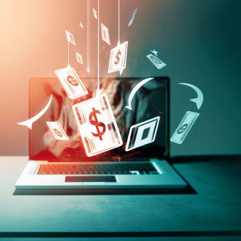 laptop on the table, monitor in the air, graphics of dollars in the air in front of the laptop ,business. High quality illustration