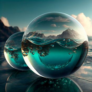 Transparent water spheres against a stunning backdrop of mountains and water. Reflection of the landscape and elements inside the spheres. High quality illustration