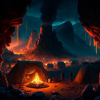 Tent city in the mountains near the volcano. Bonfire in the mountains. Lava world collection. High quality illustration