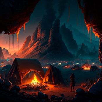 Tent city in the mountains near the volcano. Bonfire in the mountains. Lava world collection. High quality illustration