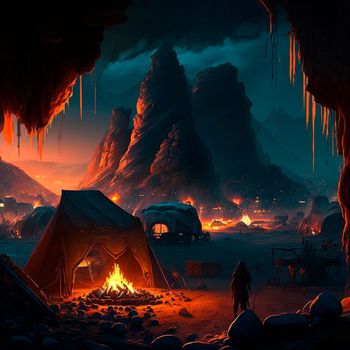 Tent city in the mountains near the volcano. Bonfire in the mountains. Lava world collection. High quality illustration