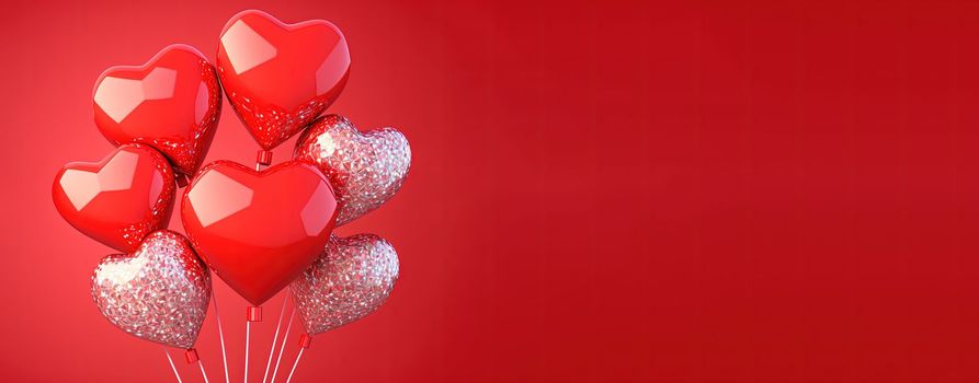 Happy valentines day banner background with shiny red 3d heart shape