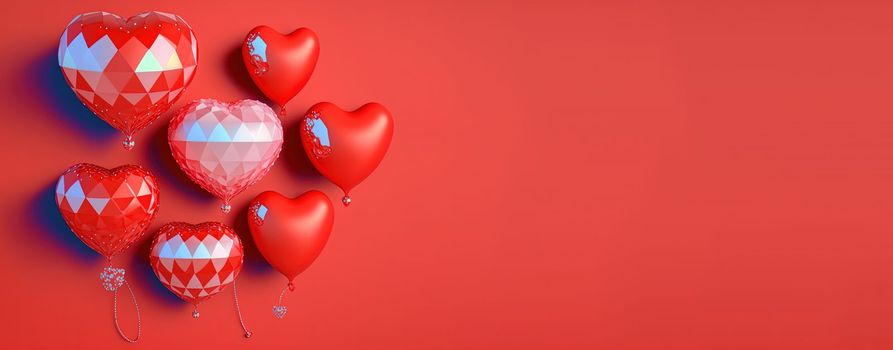 Happy valentines day banner background with shiny red 3d heart shape