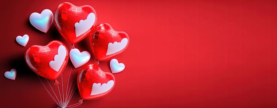 Bright red 3D heart shape on a happy Valentine's Day banner background