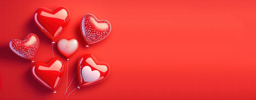 Bright red 3D heart shape on a happy Valentine's Day banner background